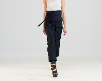 Navy Blue High Waisted Pants With Pockets, Linen Or Cotton Pants With Regular Fit, Super High Waist Trousers