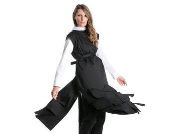 Long Black Vest For Woman, Black Maxi Vest With Belt, Japanese Fashion, Cyberpunk Vest, Extravagant Vest, Plus Size Clothing