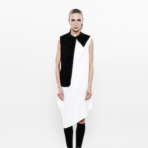 Geometric Black and White Dress, Asymmetrical Dress, Elegant Fitted Dress, Cocktail Dress, Women Midi Dress