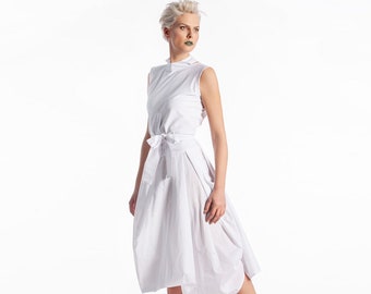 Robe blanche pour femme, Robe midi sans manches, Vêtements avant-gardistes, Robe évasée avec ceinture, Vêtements minimalistes, Robe en coton grande taille