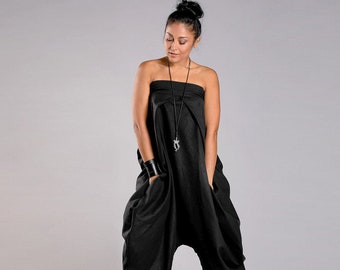 Sleeveless Linen Jumpsuit with Pockets, Harem Jumpsuit, Linen Clothing, Drop Crotch Jumpsuit, Loose Fit Strapless Jumpsuit