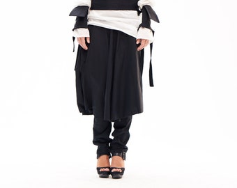 Harem Skirt Pants in Black, Japanese Clothing, Drop Crotch Pants with High Waist, Steampunk Clothing, Deconstructed Pants