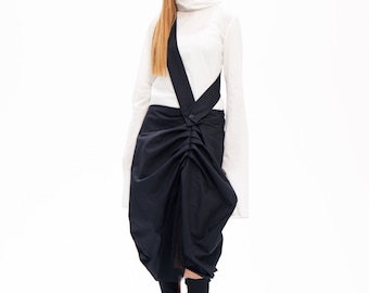 Black Gathered Skirt with Suspender, Avant Garde Skirt, Steampunk Skirt, Extravagant Midi Skirt