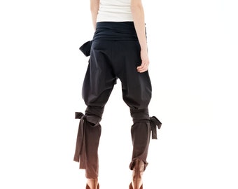 Women's Harem Pants With Ribbons, Black Cotton Pants, Avant Garde Deconstructed Pants, Steampunk Clothing, Drop Crotch Pants