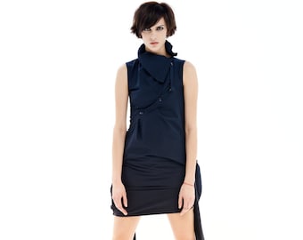 Asymmetrical Dress Women's, Navy Blue Dress, Mini Summer Dress, Sleeveless Tunic Dress, Japanese Clothing