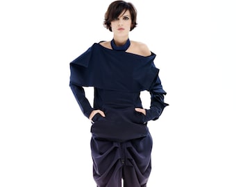 Off Shoulder Top, Gothic Shirt, Asymmetrical Jacket, Avant Garde Clothing, Navy Blue Jacket Top, Deconstructed Blouse