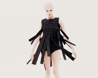 Avant Garde Top with Ribbons, Gothic Black Top, Fringe Top, Summer Tunic Top, Avant Garde Clothing, Black Tunic, Fringe Dress