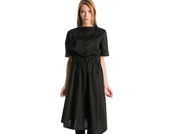 Long Sleeve Black Dress, Women Midi Dress, Maternity Dress, Minimalist Clothing, Long Women's Dress with Loose Fit