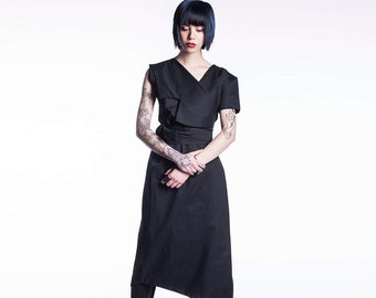 Black Japanese Dress, Futuristic Clothing, Little Black Dress, Asymmetric Dress With V-neck, Avant Garde Clothing, Futuristic Dress
