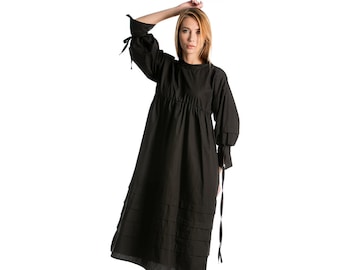 Long Sleeve Black Dress, Women Midi Dress, Maternity Dress, Minimalist Clothing, Long Women's Dress with Loose Fit