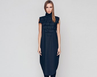 Japanese Dress For Women, Long Navy Blue Dress, Japanese Clothing, Sleeveless Cocktail Dress, Futuristic Dress, Turtleneck Dress In Blue
