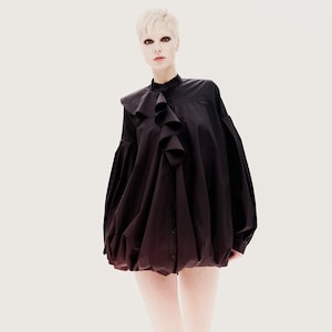 Black Loose Top with Jabot, Renaissance Shirt with Oversized Pleated Sleeves, Plus Size Tunic, Bubble Top, Balloon Top, Oversized Top