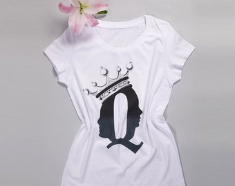 White T-shirts with MariaQueenMaria Logo, Women Top, Short Sleeve Top, White Tee, Summer Tee, Casual T-shirts with Loose Fit