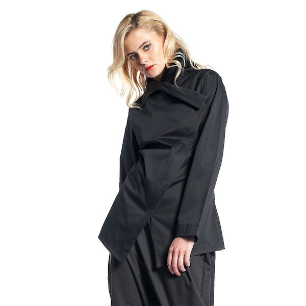 Elegante schwarze Jacke mit asymmetrischem Schnitt, taillierte Jacke Frauen, schwarzer Blazer, asymmetrische Jacke, Baumwolljacke für den Frühling