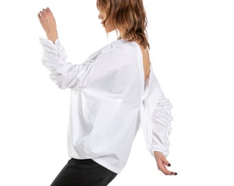 Gathered Sleeves Shirt, Mock Neck Shirt With Open Back, White Deconstructed Shirt, Women's Formal Shirt, Cotton Shirt Woman