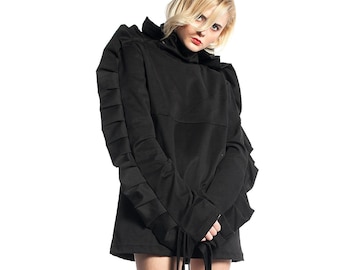 Black Women's Jacket With Oversized Sleeves, Deconstructed Coat, Futuristic Clothing, Avant Garde Jacket, Tunic Top With Ribbons