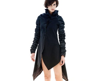 Black Cyberpunk Jacket, Futuristic Clothing, Avant Garde Women&#39;s Coat With Gathered Sleeves, Gothic Jacket, Asymmetrical Coat