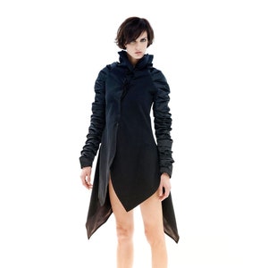 Black Cyberpunk Jacket, Futuristic Clothing, Avant Garde Women&#39;s Coat With Gathered Sleeves, Gothic Jacket, Asymmetrical Coat