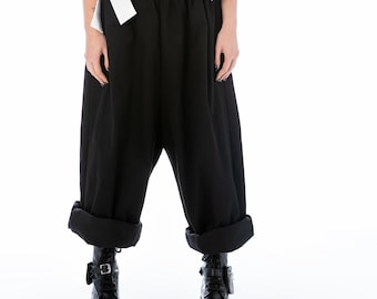 High Waist Baggy Pants In Cotton, Loose Fit Drop Crotch Trousers, Unisex Plus Size Clothing