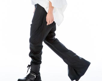 Asymmetrical Cotton Pants, Avant Garde Black Trousers, Women's Harem Pants with Asymmetric Legs