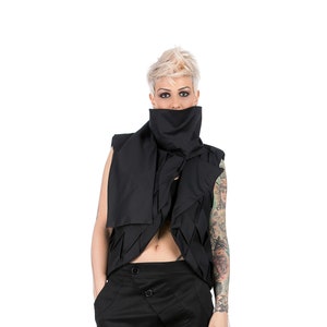 Black Avant Garde Vest, Hand Tailored Top, Asymmetric Vest With High Collar, Black Cotton Vest For Woman