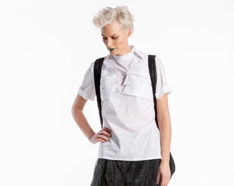 Top blanco casual, camisa de mujer de manga corta, camisa de verano asimétrica, blusa deconstruida, top con cuello, ropa de talla grande