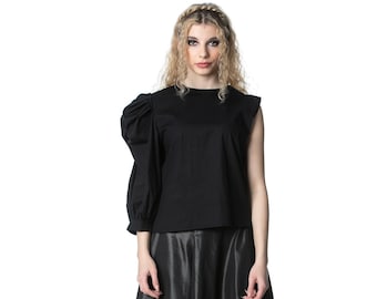 One Sleeve Women's Shirt, Black Asymmetrical Cotton Top, Black Avant Garde Blouse, Gothic Women's Top With One Sleeve, Asymmetric Clothing