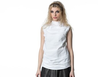 Sleeveless Top in White, Cotton Top With Turtleneck, Women's Tunic Top, Elegant White Top Women, Classic White Top, Turtleneck Top