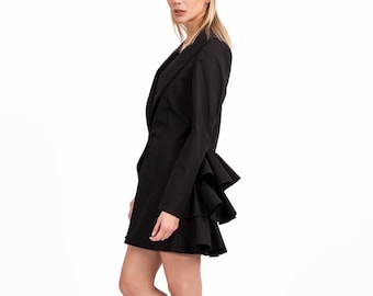 Women's Blazer in Black, Formal Jacket With Layered Ruffle Back, Formal Jacket With Lapel and Single Front Button, Elegant Cotton Blazer