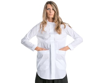 Weißes Tunika Hemd, Stehkragen Hemd, Avantgarde Kleidung, Langes Hemd, Japanische Kleidung, Designer Hemd, Elegante Bluse, Futuristische Kleidung