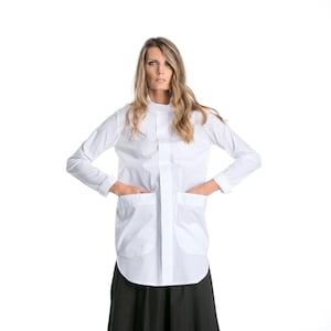 White Tunic Shirt, High Neck Shirt, Avant Garde Clothing, Long Shirt, Japanese Clothing, Designer Shirt, Elegant Blouse, Futuristic Clothes
