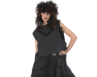 Avantgarde Damen Top, kurzes ärmelloses Top, schwarzes dekonstruiertes Top, schwarze Bluse, Sommerparty Top