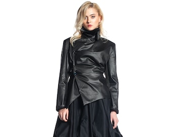 Black High Neck Jacket for Women, Cyberpunk Jacket, Asymmetrical Jacket With High Collar, Steampunk Jacket, Avant Garde Clothing