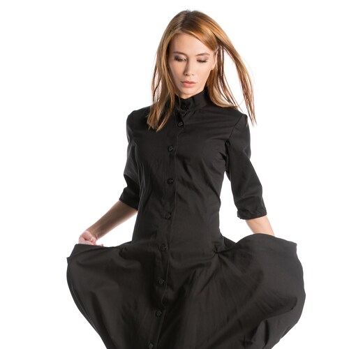 Black Gothic Dress, Victorian Dress, Long Dress with Pockets, Steampunk shops Dress with Mockneck, Mid Sleeve Cotton Dress