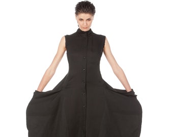 Linen Black Dress, Shirt Dress, Linen Maxi Dress, Japanese Clothing, Futuristic Dress, Avant Garde Clothing