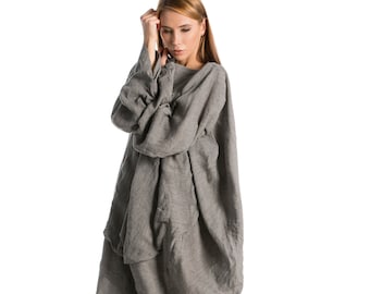 Oversize Linen Dress, Loose Grey Dress, Linen Clothing, Women's Midi Dress with Long Sleeves, Bubble Dress, Linen Tunic Dress