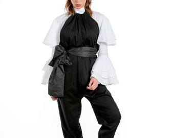 Open Back Jumpsuit With Wide Taffeta Belt, Halter Jumpsuit Women's, Loose Fit Jumpsuit With Straight Leg, Elegant Black Cotton Jumpsuit