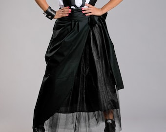 Black Maxi Skirt with Suspenders, Avant Garde Clothing, Skirt with Tulle Details, High Waist Skirt, Suspender Skirt