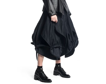 Ballonrok in zwart, losse zwarte rok voor dames, zwarte oversized rok, gedeconstrueerde kleding, Midi rok