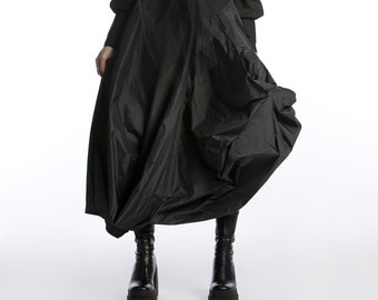 Asymmetrischer Schwarzer Rock, Gothic Kleidung, Langer Taftrock, Voluminöser Rock mit asymmetrischer Länge, Plus Size Kleidung, Hoher Taillenrock