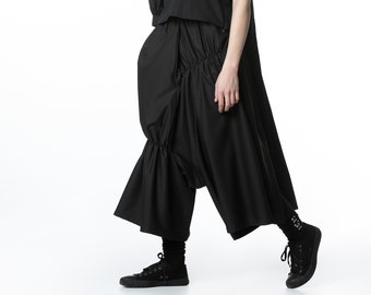 Sarouel noir, pantalon asymétrique, pantalon ample en coton, pantalons oversize pour femme, vêtements grande taille, pantalons taille haute, vêtements asymétriques