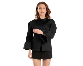 Jacket With Oversized Cuffs, High Collar Shirt, Short Black Jacket With Long Sleeves, Black Cotton Shirt, Wide Sleeves Jacket, Women's Shirt