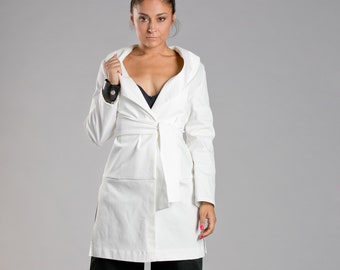 White Jacket With Lapel And Belt, Spring Style Jacket, Elegant Long Blazer, Minimalist Clothing, White Cotton Blazer With V-neck