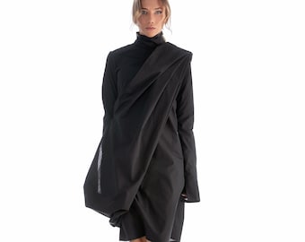 Black Asymmetrical Dress, Long Sleeve Turtleneck Dress with Wrap Detail, Black Dress with Double Collar and Cuffs, Elegant Midi Dress
