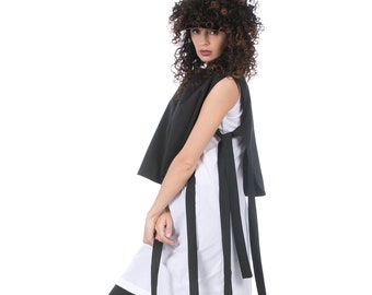 Two Piece Top in Black and White, Avant Garde Top, Long White Tunic and Short Black Top with Ribbons, Extravagant Top