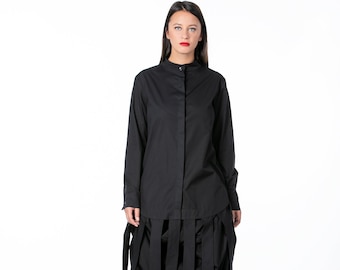 Haut tunique avant-gardiste avec rubans, tunique noire pour femme, chemise à franges, chemise en coton, chemise extravagante, vêtements avant-gardistes