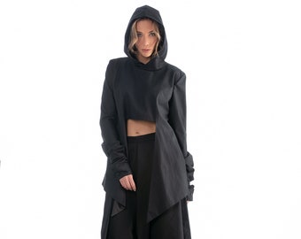 Hooded Crop Top with Long Sleeves, Black Top with Long Sides And Pockets, Cropped Top with Hood, Urban Clothing, Avant Garde Women's Top