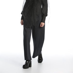 Wide Leg Women&#39;s Pants In Black, Loose Fit Trousers With High Waist And Front Pockets, Plus Size Pants Women, Black Cotton Pants