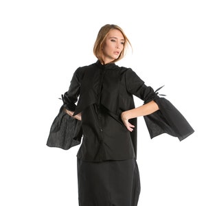Black Kimono Shirt, Japanese Clothing, Avant Garde Shirt with Open Sleeves, Black Kimono Top, Button Up Cocktail Top