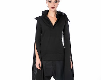 Avant Garde Black Shirt With Oversized Sleeves And Asymmetrical Cape Collar, Gothic Women's Shirt